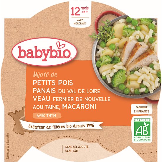 Assiette de petits pois panais veau fermier de Nouvelle Aquitaine macaroni  230 g de Babybio