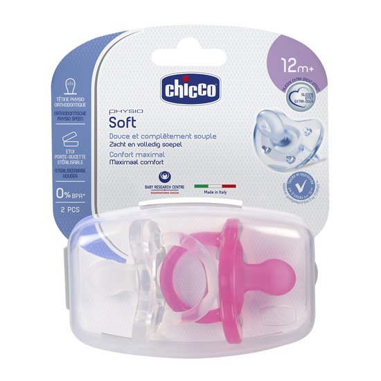 2x Sucette Physio Soft silicone Rose / Blanc 12 mois + de Chicco