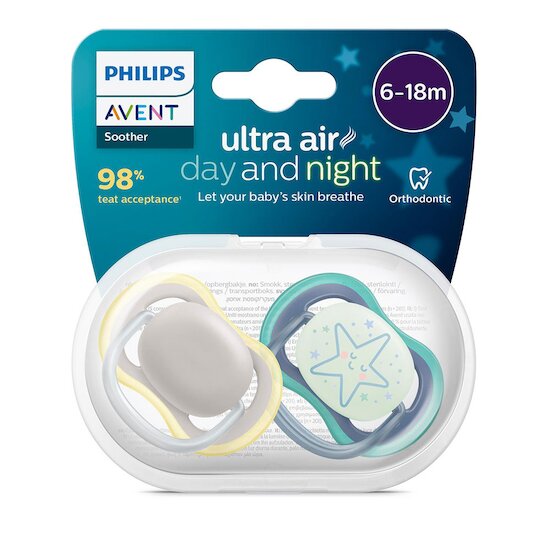 Lot de 2 sucettes Ultra Air Jour et Nuit Gris  / Jaune / Bleu nuit 6-18 mois de Philips AVENT