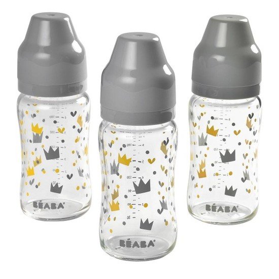 Set de 3 biberons verre col large Yellow/Grey Crown 240 ml de Béaba