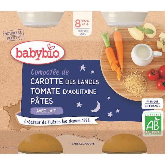 Petit pot compotée de carotte des Landes tomate d'Aquitaine pâtes  2 x 200 g de Babybio