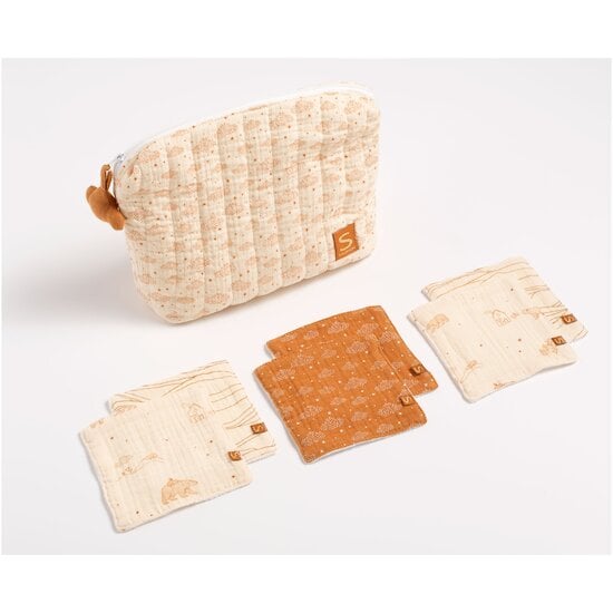 Orsino Trousse de toilette + carrés éponges Vanille / Camel  de Sauthon Baby Déco