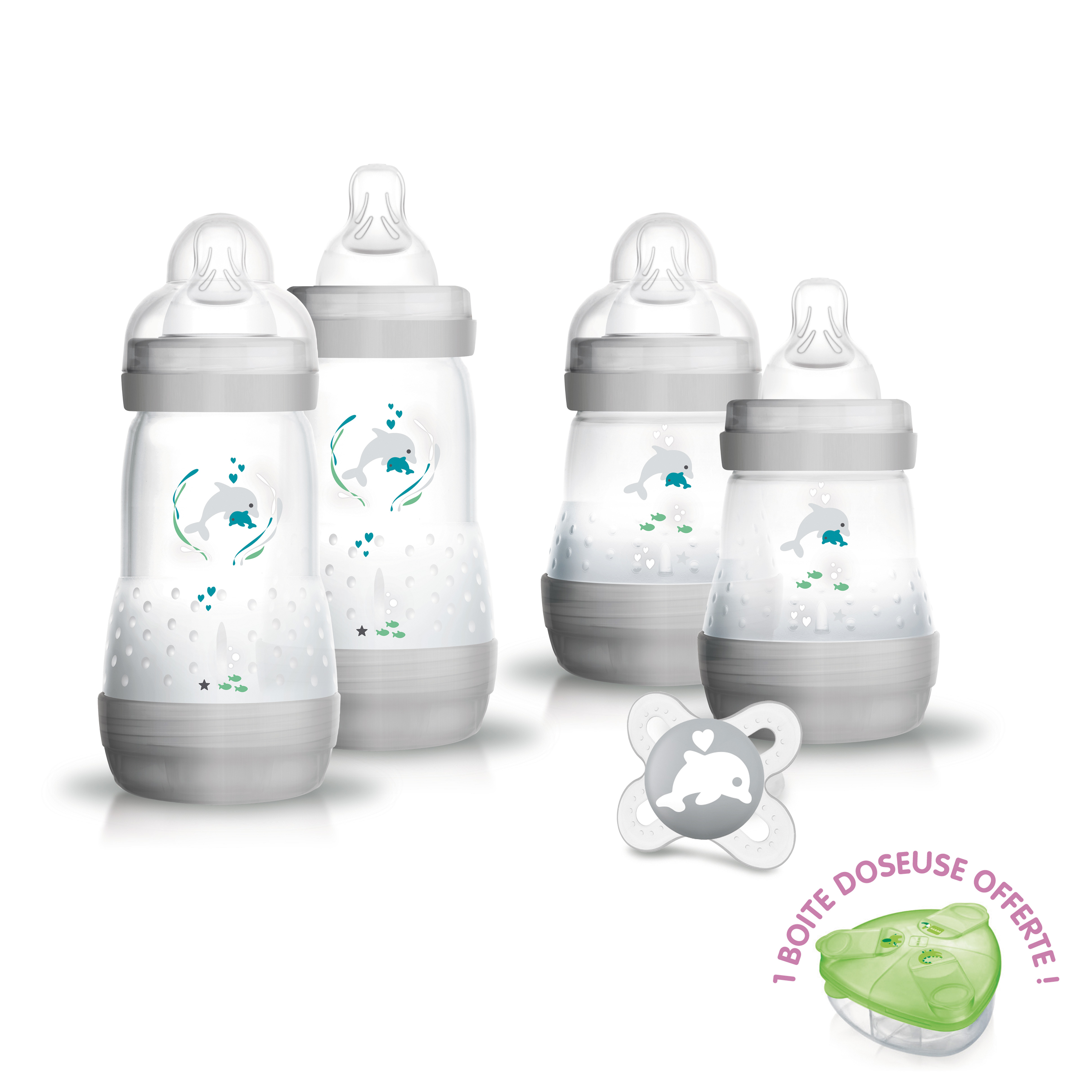 Kit naissance 4 biberons + 1 sucette + 1 boîte doseuse de Mam, Coffrets nouveauné Aubert