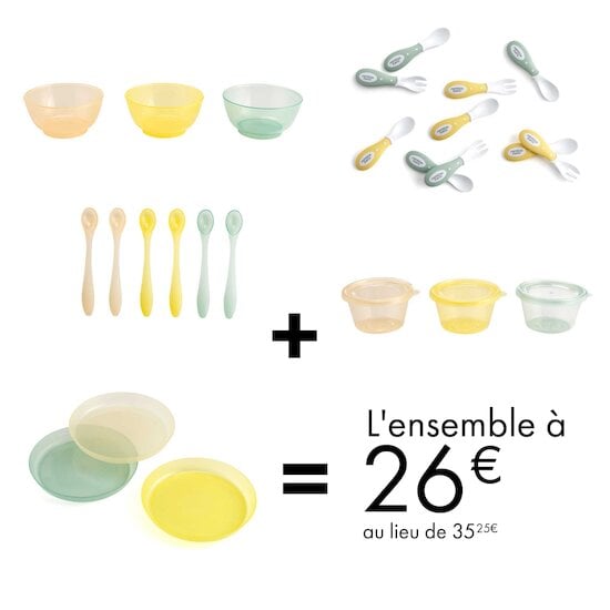 Assiette, cuillères… kit d'indispensables pour le repas de bébé