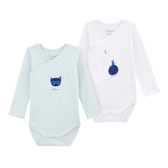 Lot 2 bodies croisés chat Blanc/Bleu  de P'tit bisou