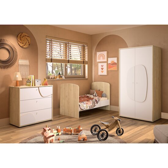 Chambre Basile :  Trio Lit  évolutif + Commode 3 tiroirs + Armoire 2 portes Châtaignier naturel et Blanc 70 x 140  cm de Galipette Chambre Basile :  Trio Lit  évolutif + Commode 3 tiroirs + Armoire 2 portes Châtaignier naturel et Blanc 70 x 140  cm de Galipette