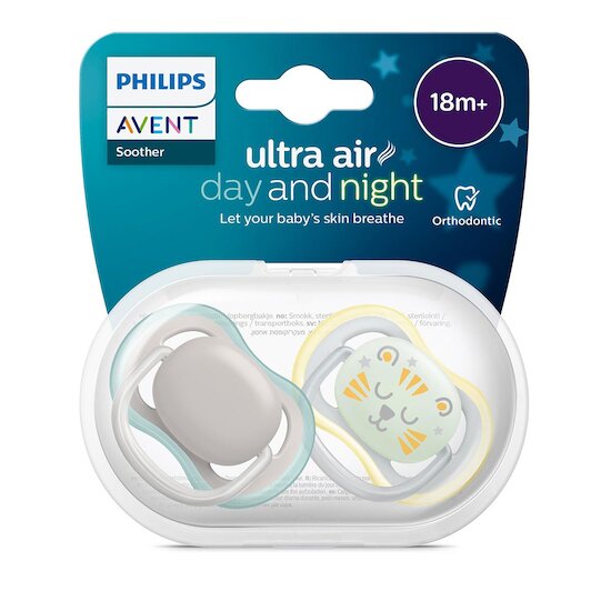 Lot de 2 sucettes Ultra Air Jour et Nuit Gris  / Jaune / Bleu nuit 18 mois + de Philips AVENT