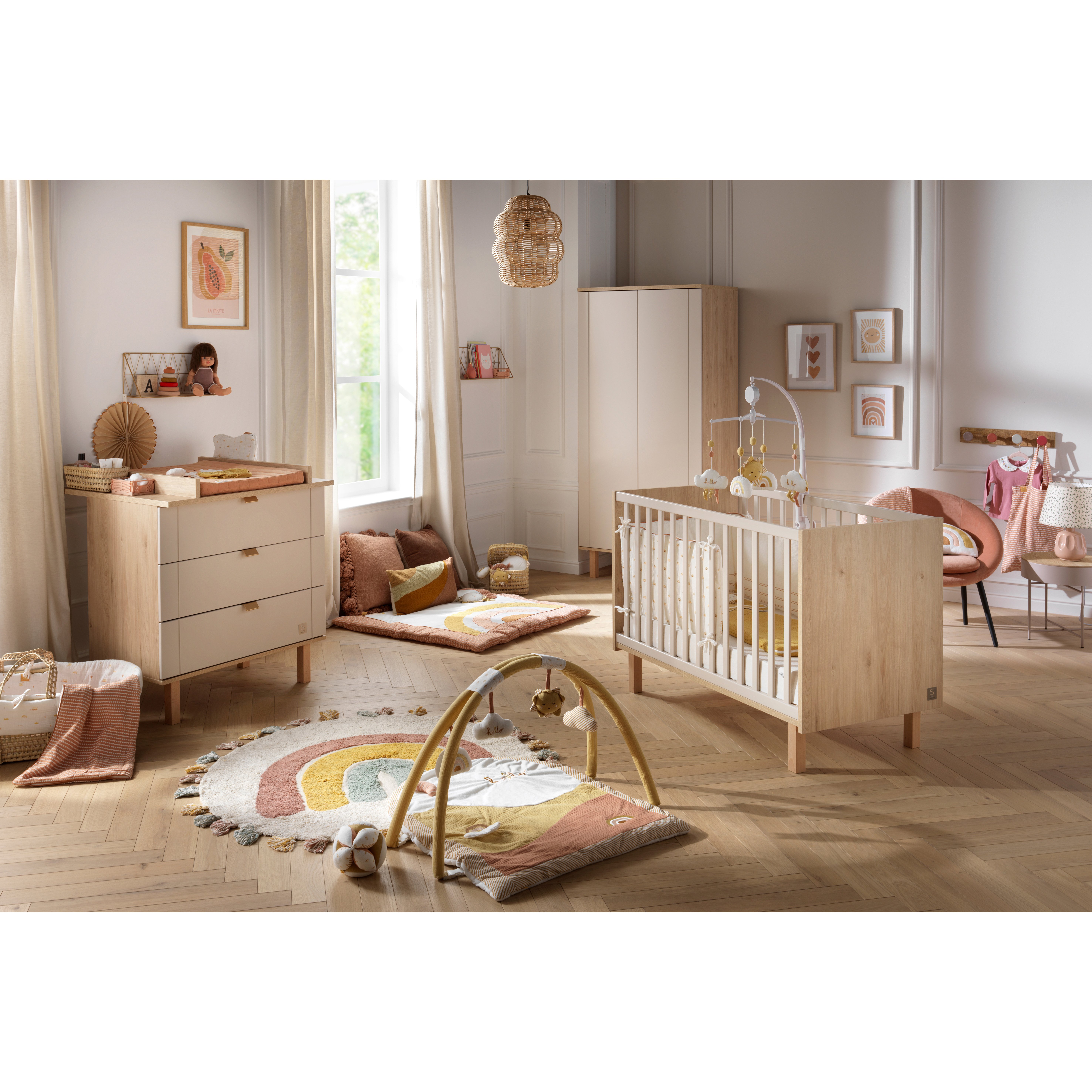 Chambre trio lit bébé 60x120 cm + armoire XL + commode avec plan à