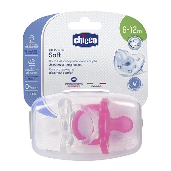 2x Sucette Physio Soft silicone Rose / Blanc 6-12 mois de Chicco