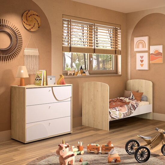 Chambre Basile :  Duo Lit évolutif + Commode 3 tiroirs Châtaignier naturel et Blanc 70 x 140  cm de Galipette Chambre Basile :  Duo Lit évolutif + Commode 3 tiroirs Châtaignier naturel et Blanc 70 x 140  cm de Galipette