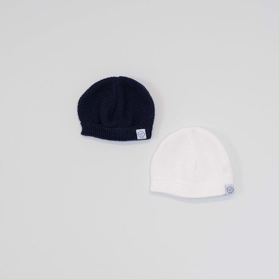 Lot 2 bonnets de naissance Blanc / Bleu marine  de La Manufacture de Layette