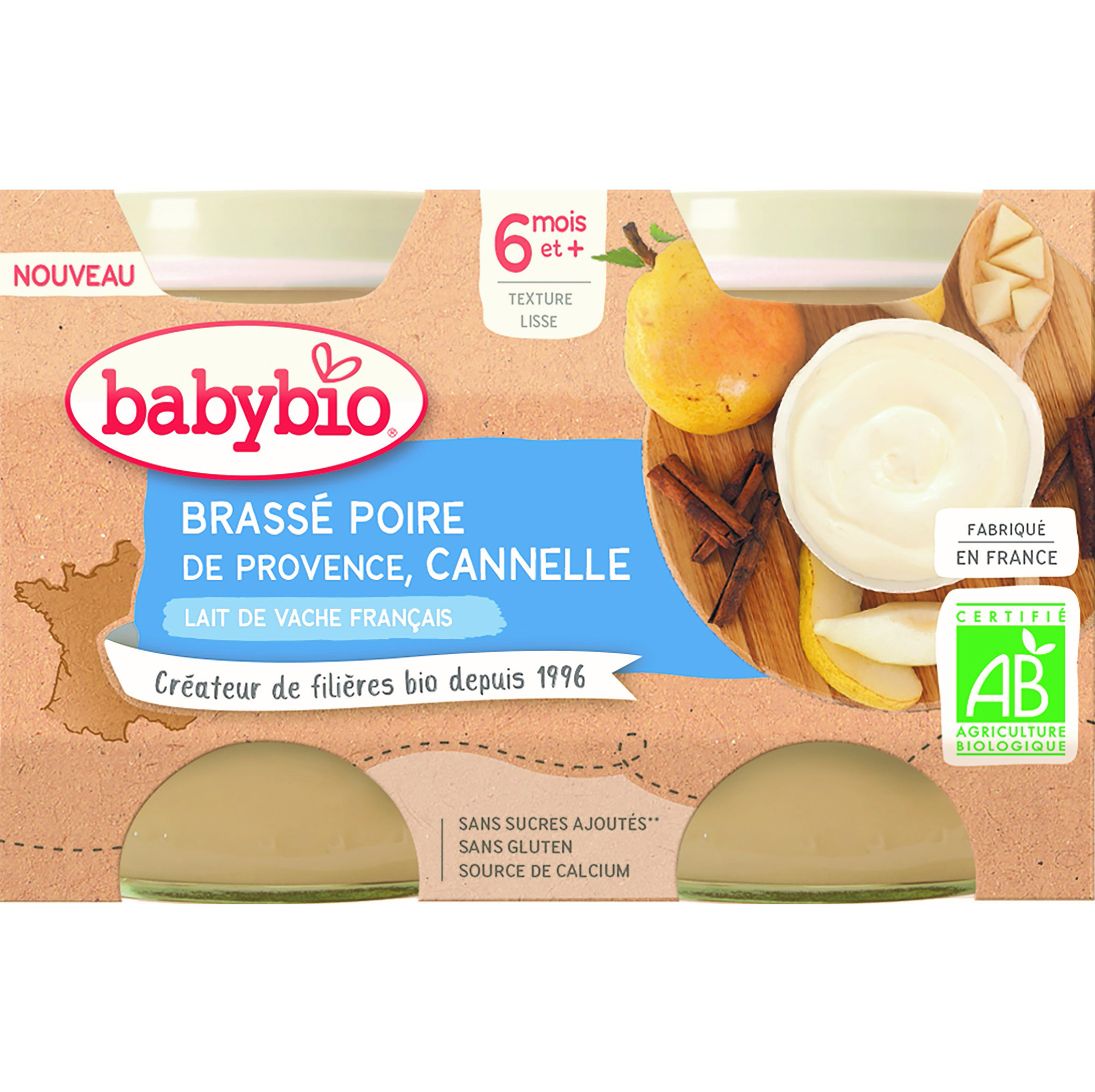 Brassé poire de Provence cannelle 2 x 130 g de Babybio, Desserts lactés :  yaourts, brassés : Aubert