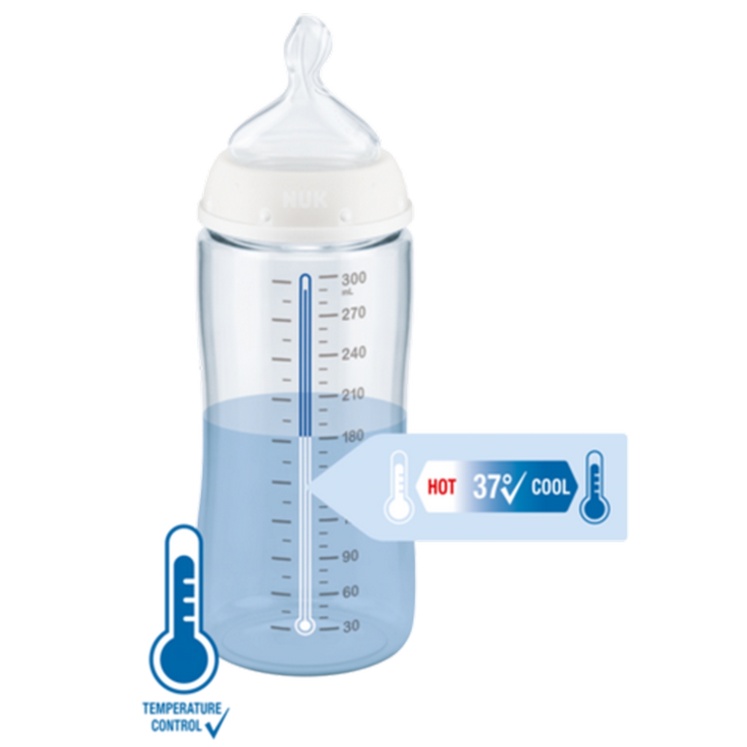NUK First Choice+ Biberon, 6-18 mois, Contrôle de la température, Contrôle du flux, Valve anti-colique, 300 ml, Sans BPA, Tétine en  silicone