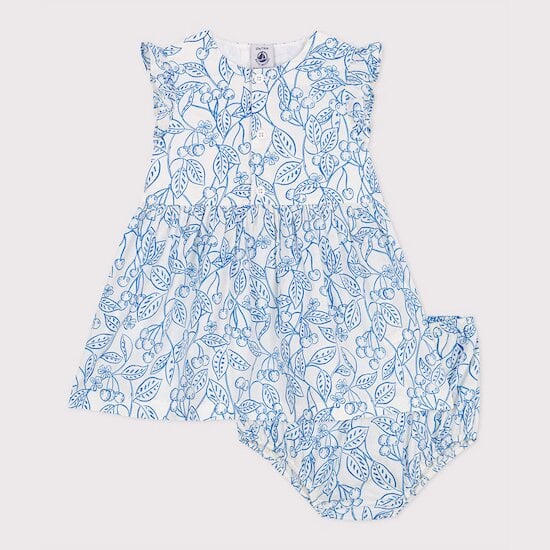 Robe bébé en coton et son bloomer imprimés cerises bleues Porcelana  de Petit Bateau