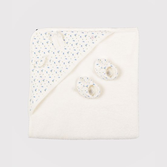 Coffret carré de bain et chaussons en éponge et coton biologique blanc /fleurs Bleues Taille Unique de Petit Bateau