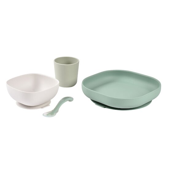 Coffret repas en silicone 4 pièces Sage Green  de Béaba Coffret repas en silicone 4 pièces Sage Green  de Béaba