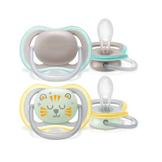 Lot de 2 sucettes Ultra Air Jour et Nuit Gris  / Jaune / Bleu nuit 18 mois + de Philips AVENT