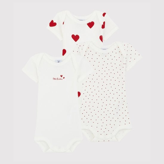 Lot de 3 bodies manches courtes cœur coton biologique Blanc/rouge  de Petit Bateau