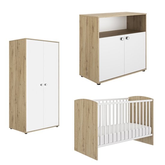 Chambre trio lit bébé 60x120 cm + commode 3 tiroirs + armoire Access bois  blanc + plan à langer - Made in Bébé