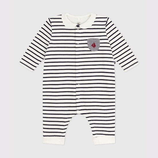 Combinaison bébé en coton à col rayure marinière Marshmallow / Smoking  de Petit Bateau Combinaison bébé en coton à col rayure marinière Marshmallow / Smoking  de Petit Bateau