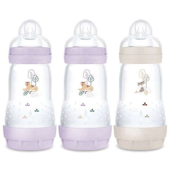 Lot de 3 Biberons Easy Start anti-colique Débit 2 Lilas / Sable 260 ml de Mam