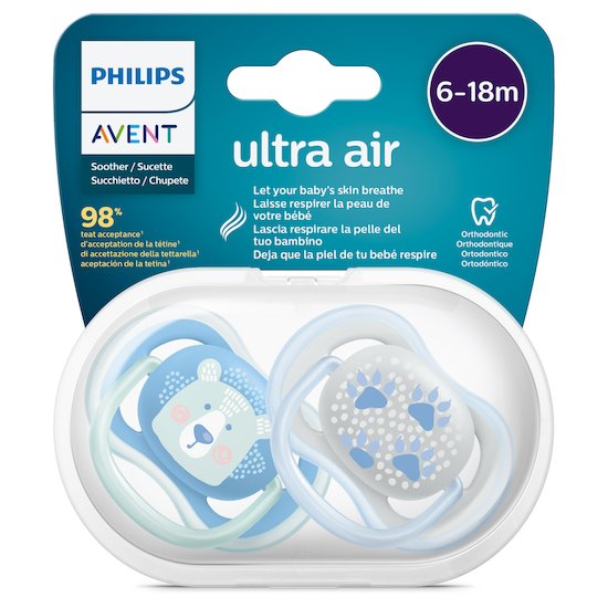 Lot 2 sucettes ultra air Bleu ours 6-18 mois de Philips AVENT