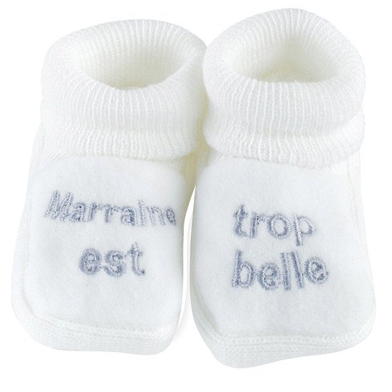 Chaussons brodés Marraine Blanc 0-1 mois de Trois Kilos Sept