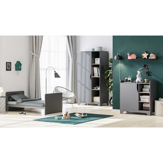 Chambre Leaf Complète : Lit évolutif 70 x 140 cm + Armoire + Commode + Plan à langer Graphite  de Vox Chambre Leaf Complète : Lit évolutif 70 x 140 cm + Armoire + Commode + Plan à langer Graphite  de Vox