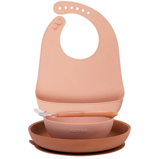 Set Repas Enfant avec Bavoir 4 pièces Silicone Rose  de Nattou