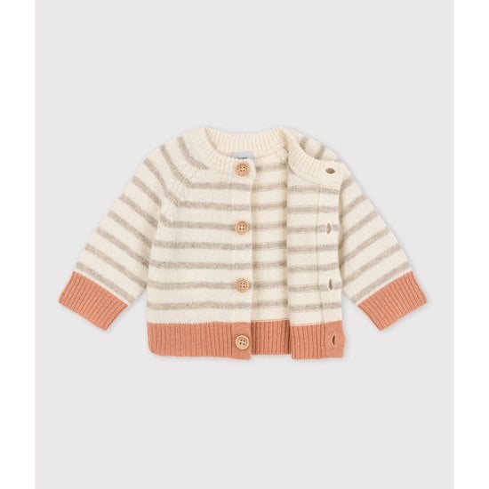 Cardigan à rayure en tricot laine et coton Marshmallow 1 mois de Petit Bateau