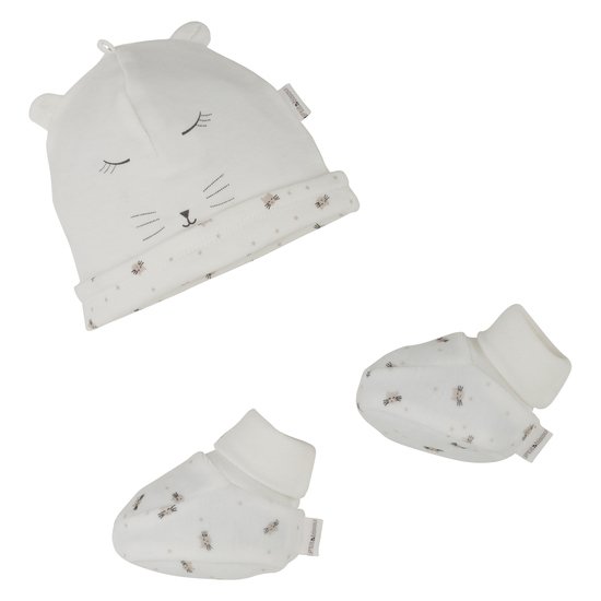Ensemble bonnet + chaussons collection Mini Cat Blanc Naissance de P'tit bisou