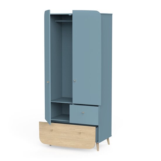 Firmiana Armoire 2 portes + 2 Tiroirs Bleu Orage / Bois Naturel  de CBA Meubles Firmiana Armoire 2 portes + 2 Tiroirs Bleu Orage / Bois Naturel  de CBA Meubles
