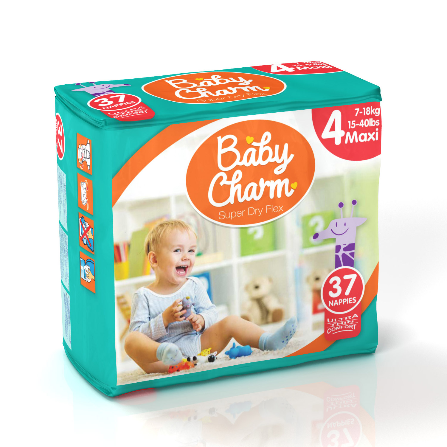 Couches super dry flex maxi 7/18kg Blanc Pack de 37 Baby Charm, Couches