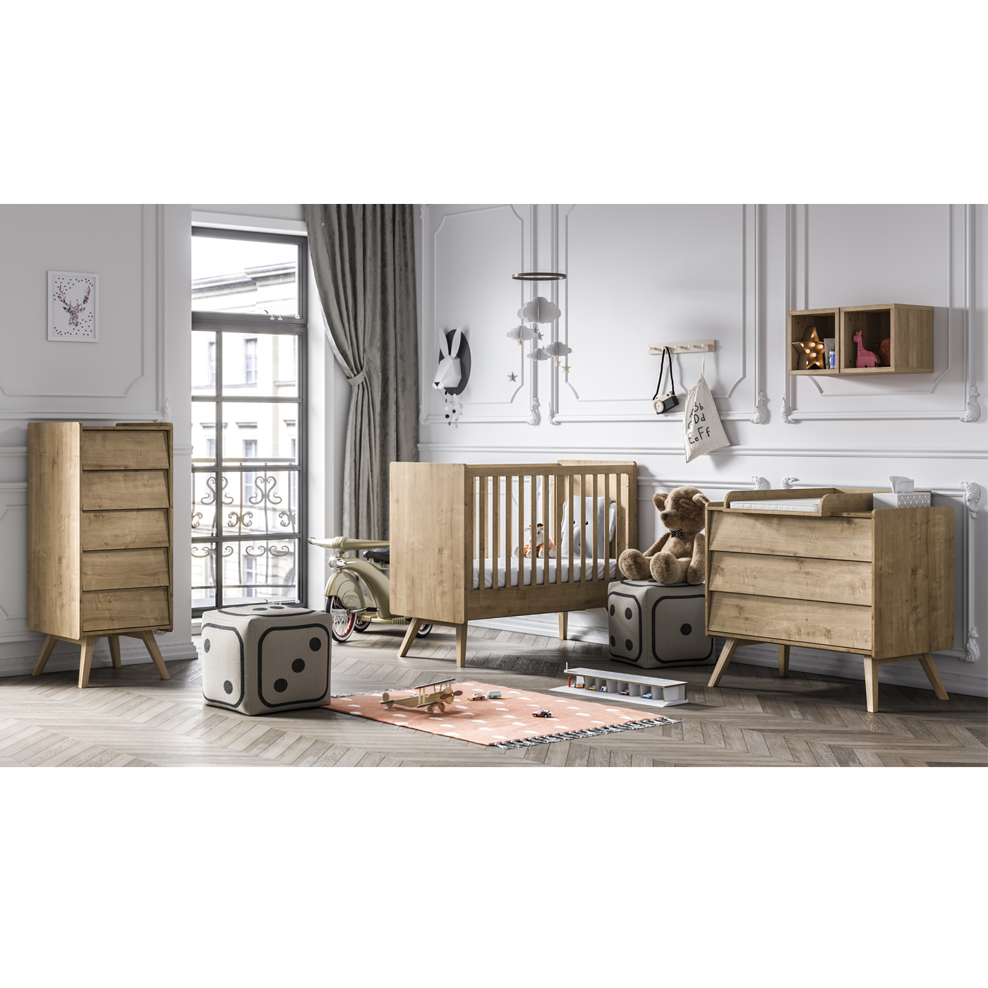 Chambre duo lit 60x120 cm + commode 3 tiroirs Access bois - Made