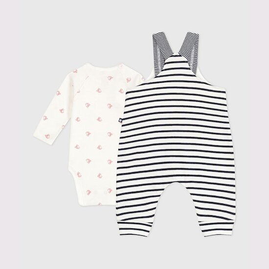 Ensemble salopette bébé rayure marinière et body imprimé Marshmallow / Smoking  de Petit Bateau Ensemble salopette bébé rayure marinière et body imprimé Marshmallow / Smoking  de Petit Bateau