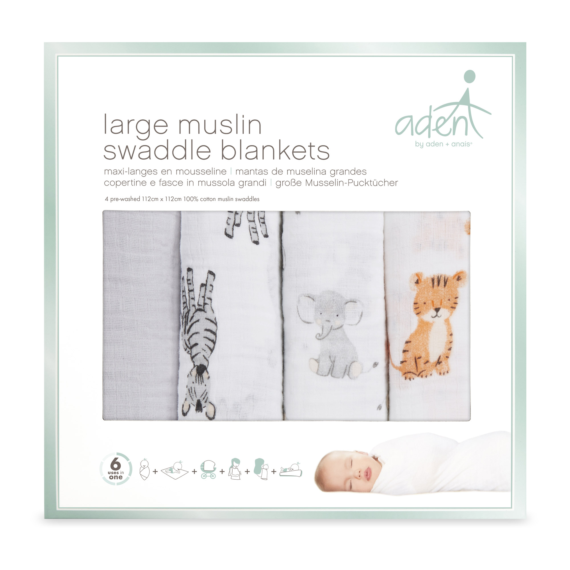 Lot de 4 langes 112x112 Safari Babies de aden by aden + anais, aden by