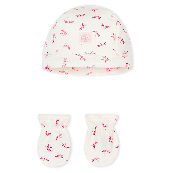 Lot Bonnet + Moufles Blanc/rose TU de Petit Bateau