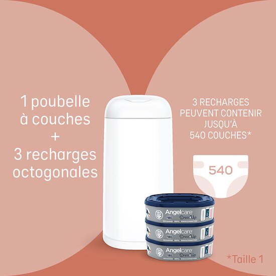 Starter Pack Poubelle à couches Dress Up + 3 recharges Blanc  de Angelcare