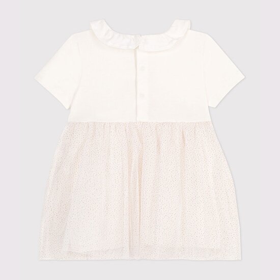 Robe en coton et tulle manches courtes et colerette Blanc Marshmallow / Rose Copper 24 mois de Petit Bateau Robe en coton et tulle manches courtes et colerette Blanc Marshmallow / Rose Copper 24 mois de Petit Bateau
