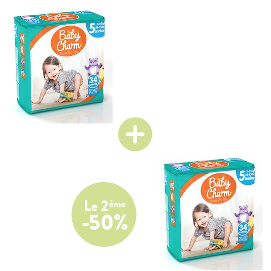Offre Couches Baby Charm : Le 2e pack de couches Super Dry Flex Junior 11/25 kg à -50 %   de Baby Charm
