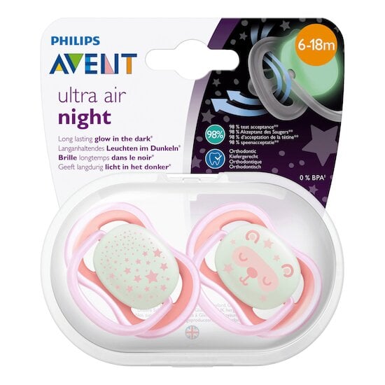 Lot de 2 Sucettes Ultra Air Night 6-18 mois de Philips AVENT, Sucettes &  anneaux de dentitions : Aubert
