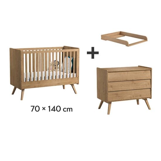 Chambre Vintage Trio : Lit évolutif 70 x 140 cm + Commode + Plan à langer Nature  de Vox