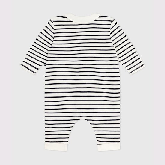 Combinaison bébé en coton à col rayure marinière Marshmallow / Smoking  de Petit Bateau Combinaison bébé en coton à col rayure marinière Marshmallow / Smoking  de Petit Bateau