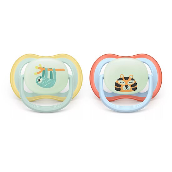 Lot de 2 sucettes ultra air nuit animaux  0-6 mois de Philips AVENT