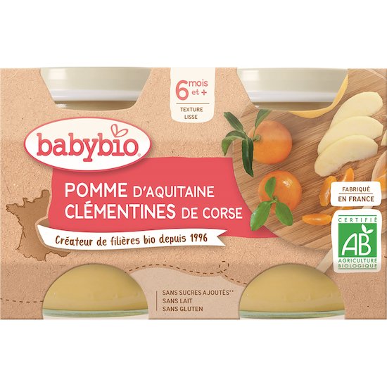 Petit pot pomme de Nouvelle-Aquitaine clémentines de Corse  2 x 130 g de Babybio