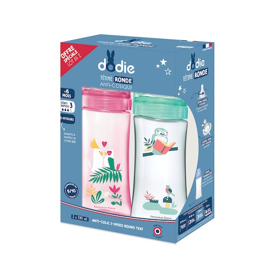 Lot de 2 biberons Initiation+ Hibou Vert/Rose Danseuse 330 ml de Dodie,  Coffrets nouveau-né : Aubert