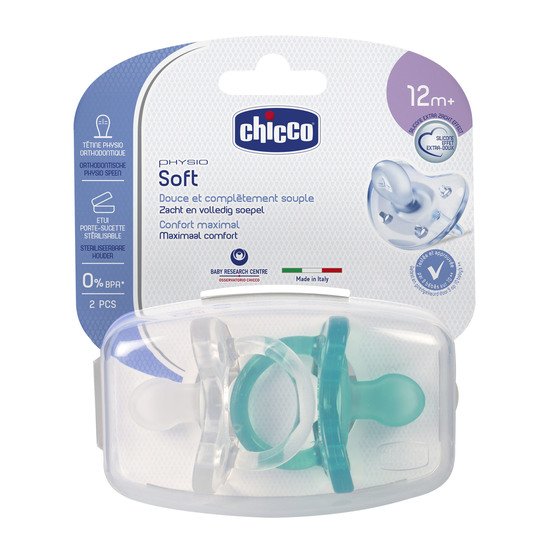 2x Sucette Physio Soft silicone Bleu / Blanc 12 M+ de Chicco