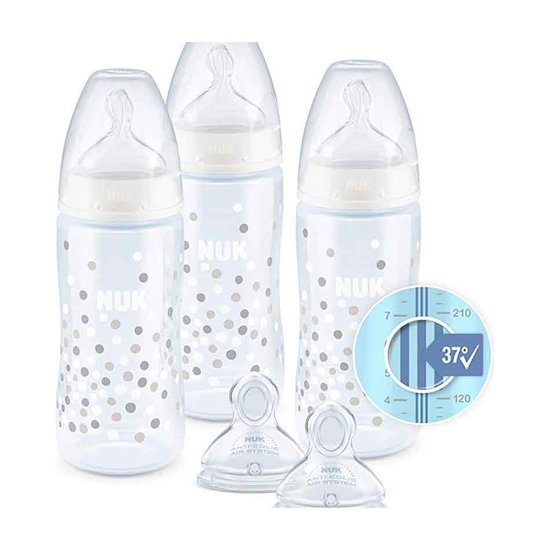 Coffret 3 biberons + 2 tétines First Choice+ Temp Control Confettis  de Nuk