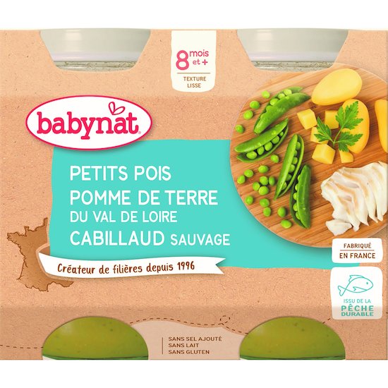 Petit pot petits pois pomme de terre du Centre-Val de Loire cabillaud  2 x 200 g de Babybio