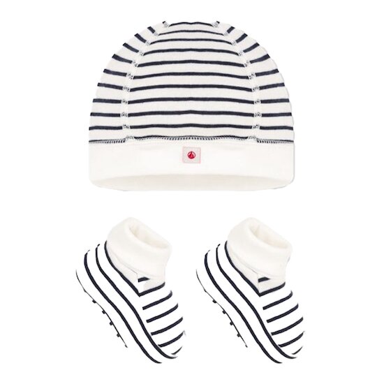 Ensemble bonnet, moufles et chaussons bébé naissance et son sac assorti -  écru, Bébé